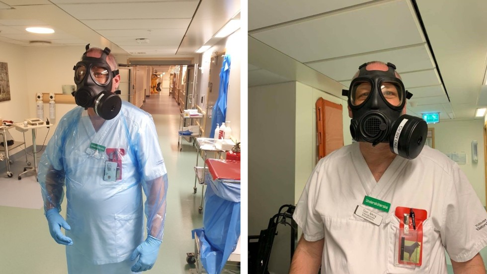 När Tino Åberg arbetar på akut infektion är det full skyddsmundering som gäller med platsförkläde, handskar och skyddsmask 90. 