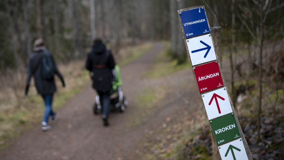 Färger och pilar visar vägen i det kommunala naturreservatet Svartbäcksmåla utanför Nybro i Småland.