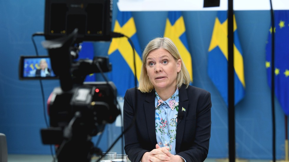 Finansminister Magdalena Andersson talade pandemianpassat digitalt på pressträffen om vägen ut ur pandemins ekonomiska undantagstillstånd.