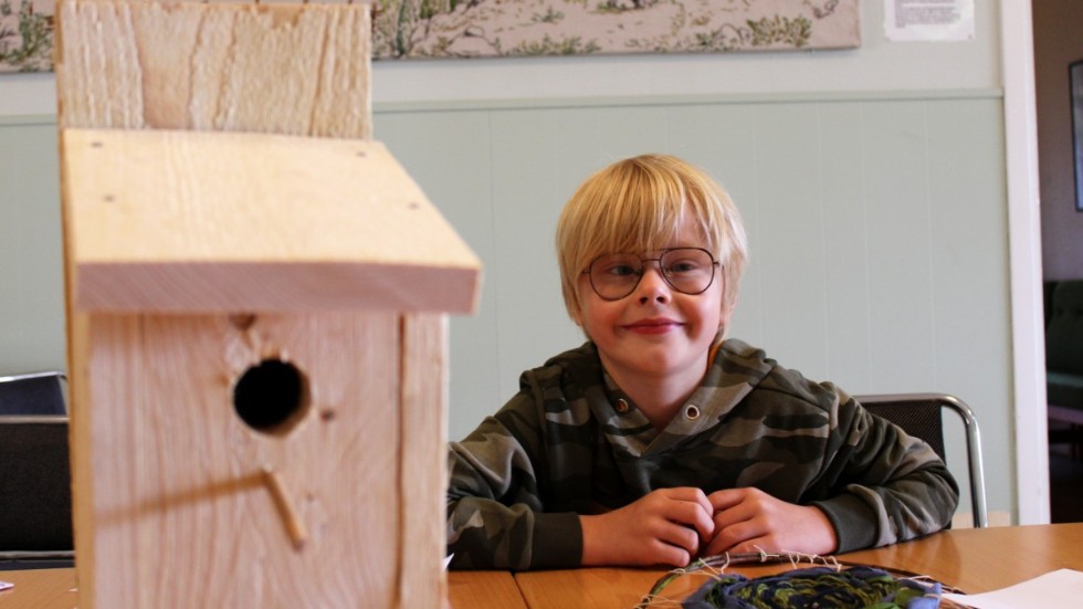 Åttaåriga Olle Karlsson tyckte att det var roligt att bygga en fågelholk.