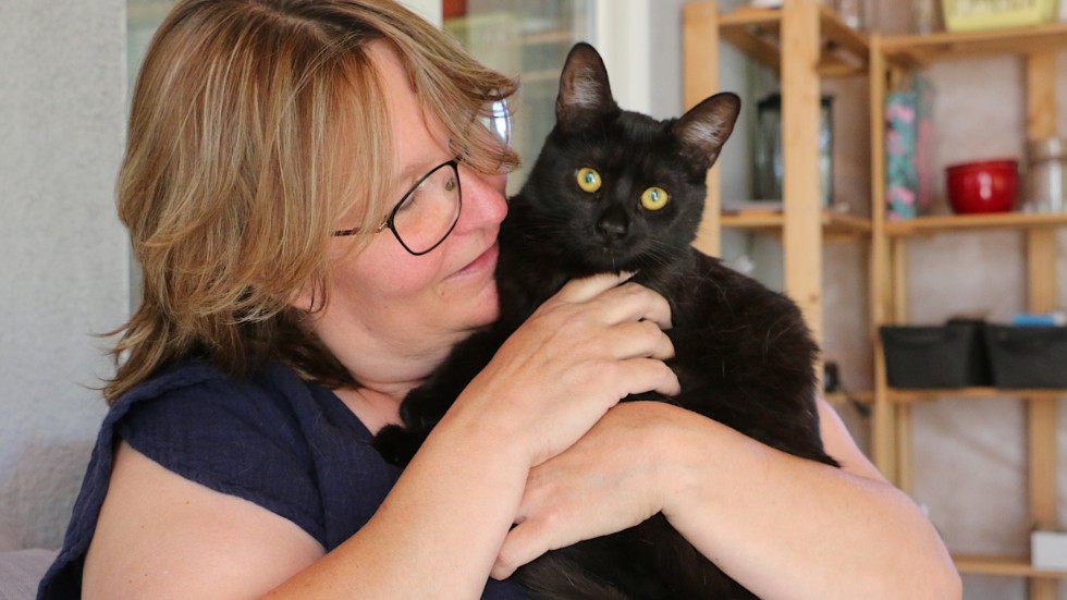 Katten Ninni var en av tre övergivna kattungar som hittades under en timmertrave i Silverdalen. Nu har hon fått ett nytt hem hos matte, Pethra Hagman.