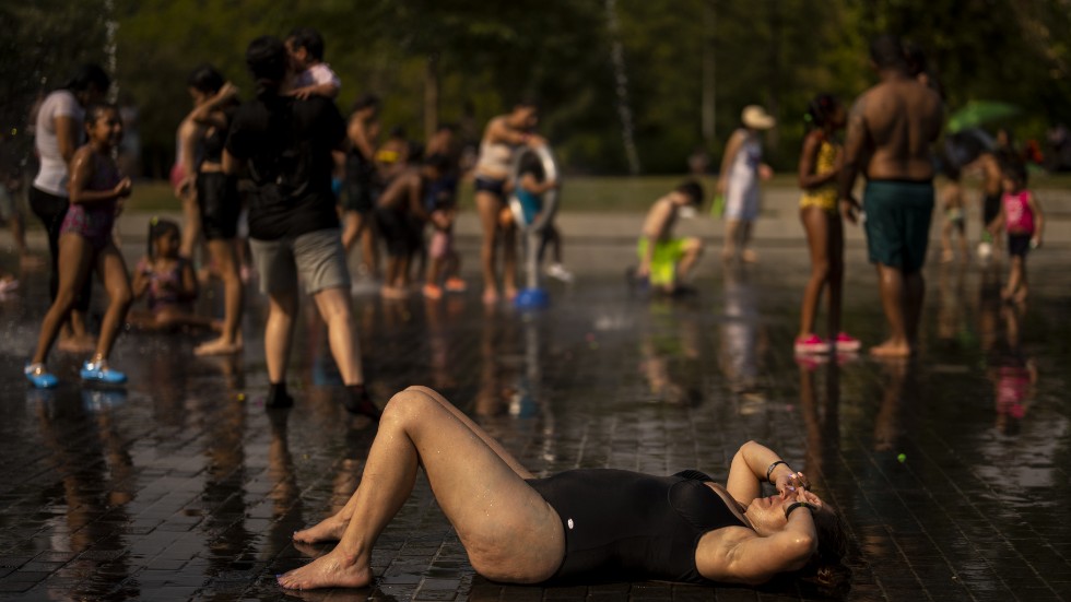 Människor svalkar sig i en park i Madrid under en värmevåg i juli förra året. Arkivbild.