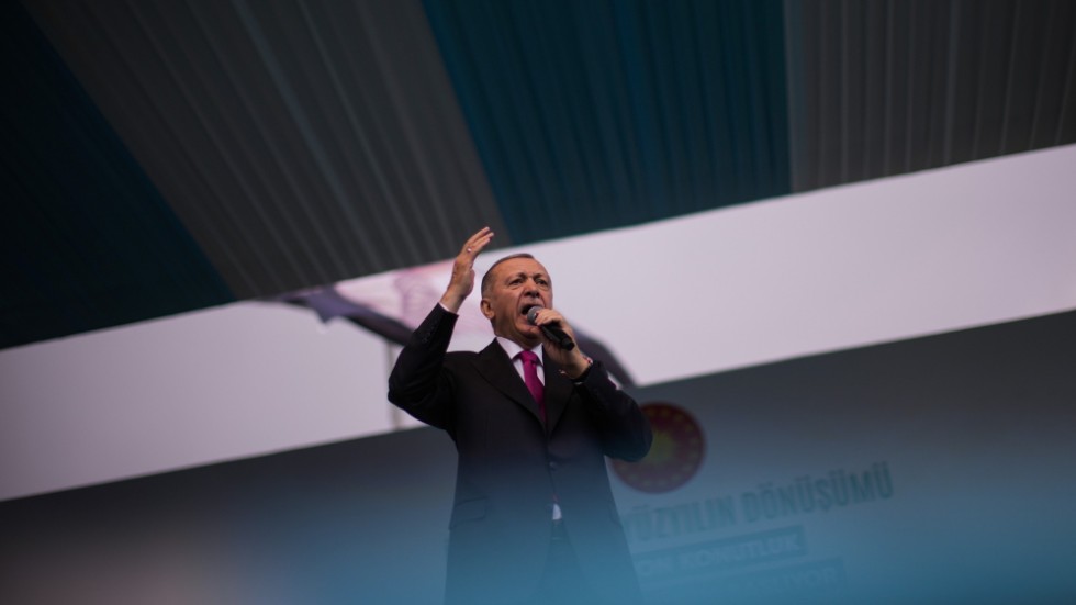 Turkiets president Recep Tayyip Erdogan talar vid ett valmöte i förra veckan.