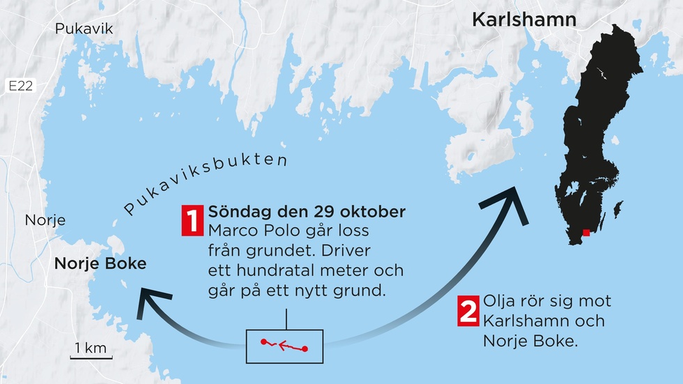 En ny oljeläcka har uppstått från det grundstötta fartyget. Enligt Kustbevakningens prognos rör sig oljan mot Karlshamn.