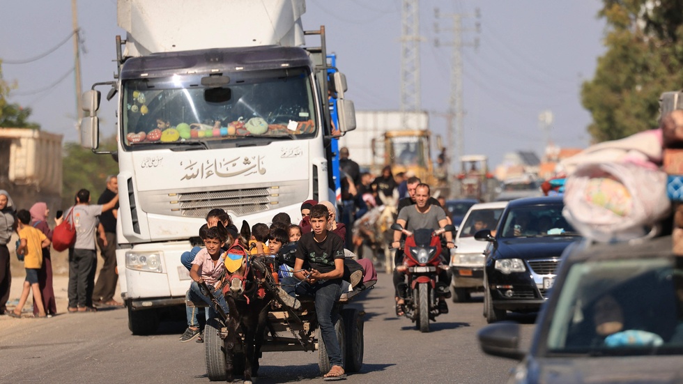 Mulåsnor med lastkärror, lastbilar, och alla andra möjliga fordon används i flykt söderut i Gaza.