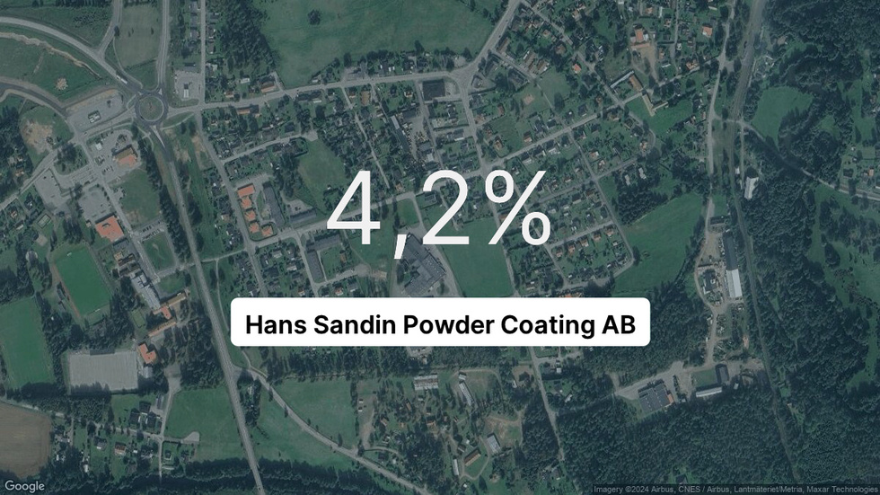 Illustrationen visar rörelsemarginalen för Hans Sandin Powder Coating för det senaste året. Bakgrunden är en satellitbild över företagets adress.