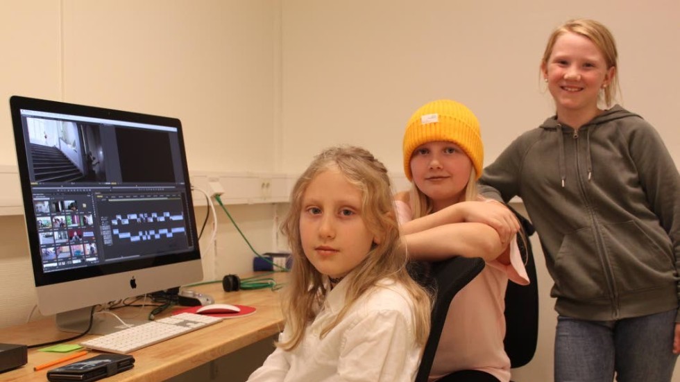 Lilja Lindell, 10 och Elsa Lindh, 10 går i en av Kulturskolans filmgrupper. Här har kompisen Sofia Gutman, 9 hängt med för att kolla hur det går till.