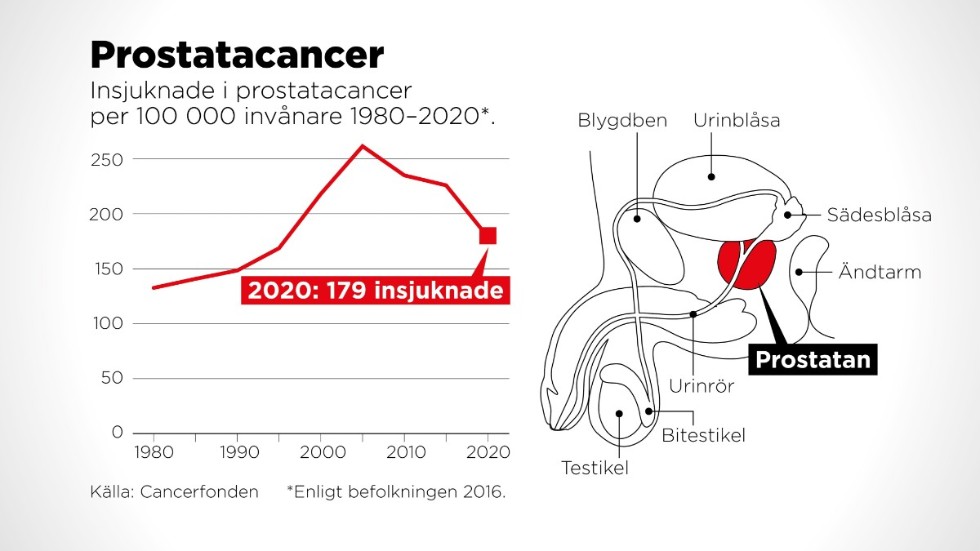 Insjuknade i prostatacancer per 100|000 invånare 1980–2020.