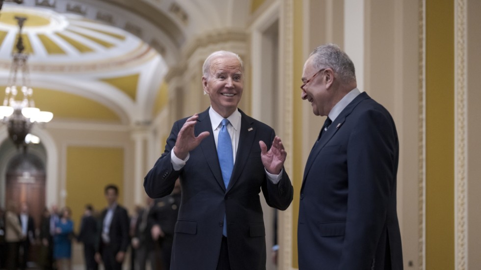 Joe Biden och demokratkollegan Chuck Schumer i glatt samspråk i samband med en lunch i Washington nyligen om den kommande budgeten.
