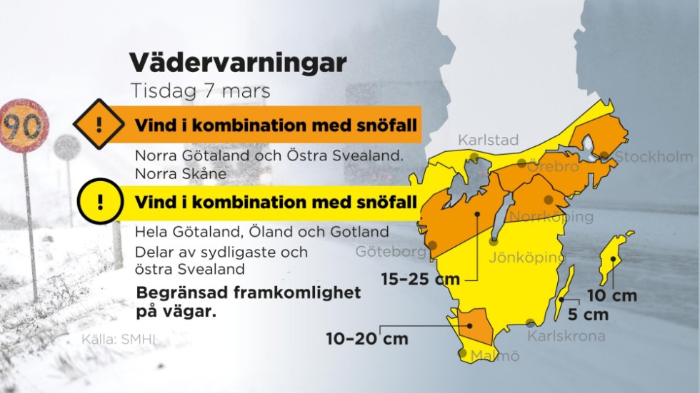 SMHI har utfärdat orangea varningar för vind i kombination med snöfall i delar av södra Sverige.