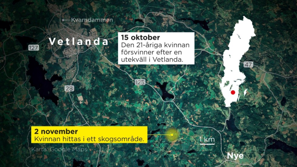 Webbkarta som visar skogsområdet där den 21-åriga kvinnan hittades.