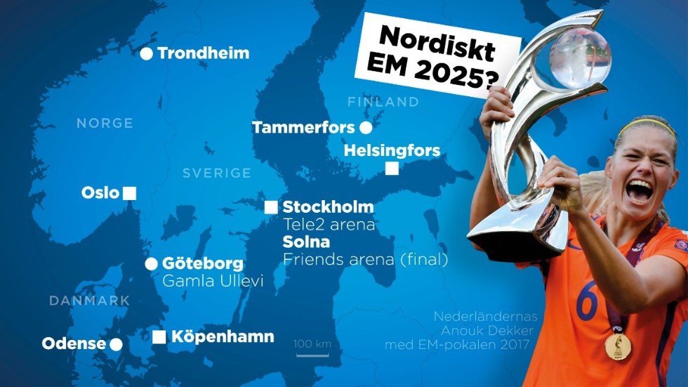 Spelorterna i de nordiska ländernas ansökan om att få arrangera fotbolls-EM 2025.