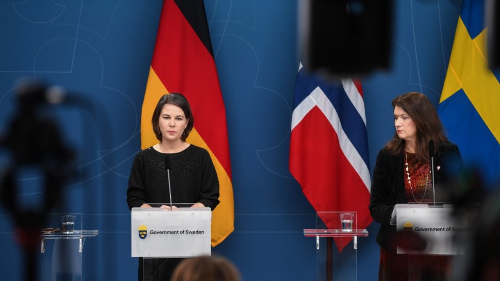 Tysklands utrikesminister Annalena Baerbock, Sveriges utrikesminister Ann Linde på en pressträff i Stockholm.