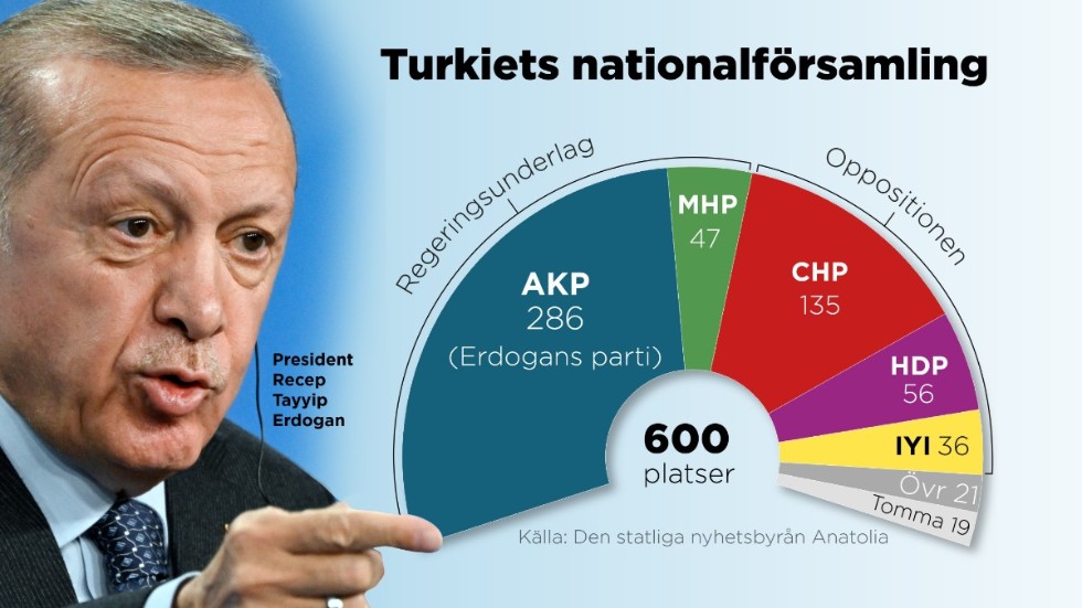 Den parlamentariska fördelningen i Turkiets nationalförsamling, eller parlament. Erdogans parti är störst men har inte egen majoritet.