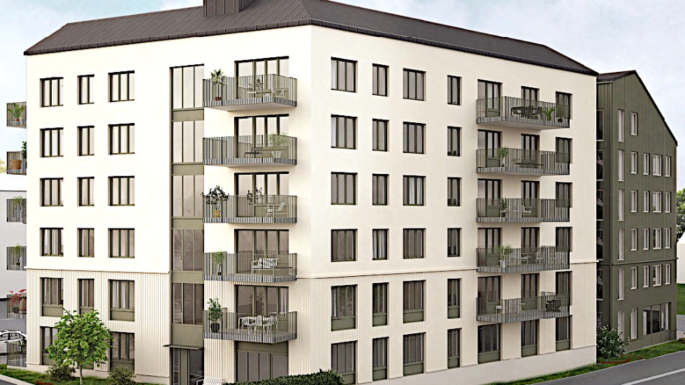 Byggstarten av de 17 nya bostadsrätterna i centrala Vimmerby  kan komma igång tidigast i januari. Bilden visar fasaden mot Västra Tullportsgatan och Coop.