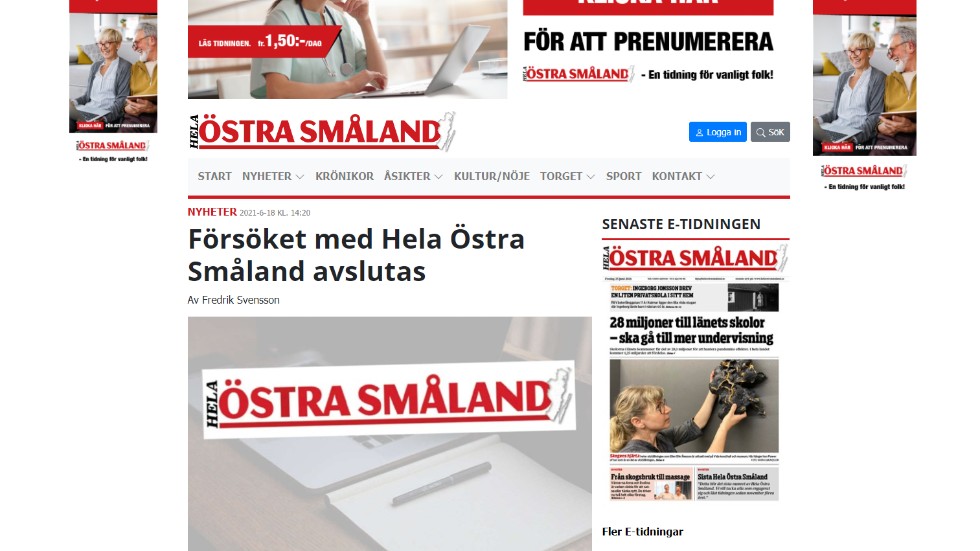 Den digitala tidningen Hela Östra Småland tvingas lägga ner.