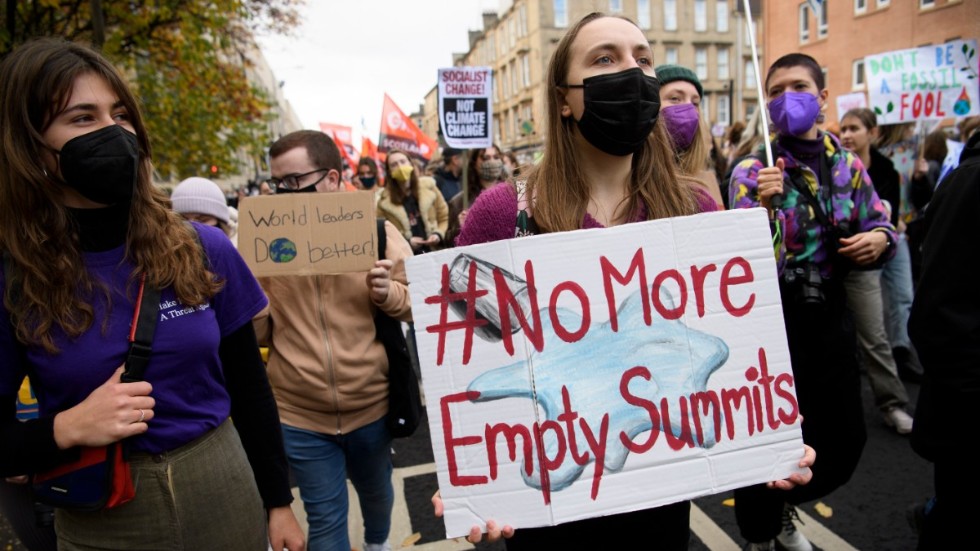 Demonstranter på en av klimataktionerna i Glasgow i helgen i samband med COP26. Arkivbild