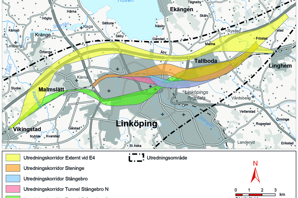 Här är Trafikverkets karta över de fem korridorer som fortfarande är aktuella för Ostlänkens dragning genom Linköping.