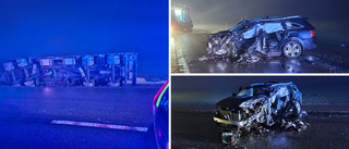 Lastbil och personbil i svår kollision – man livshotande skadad 