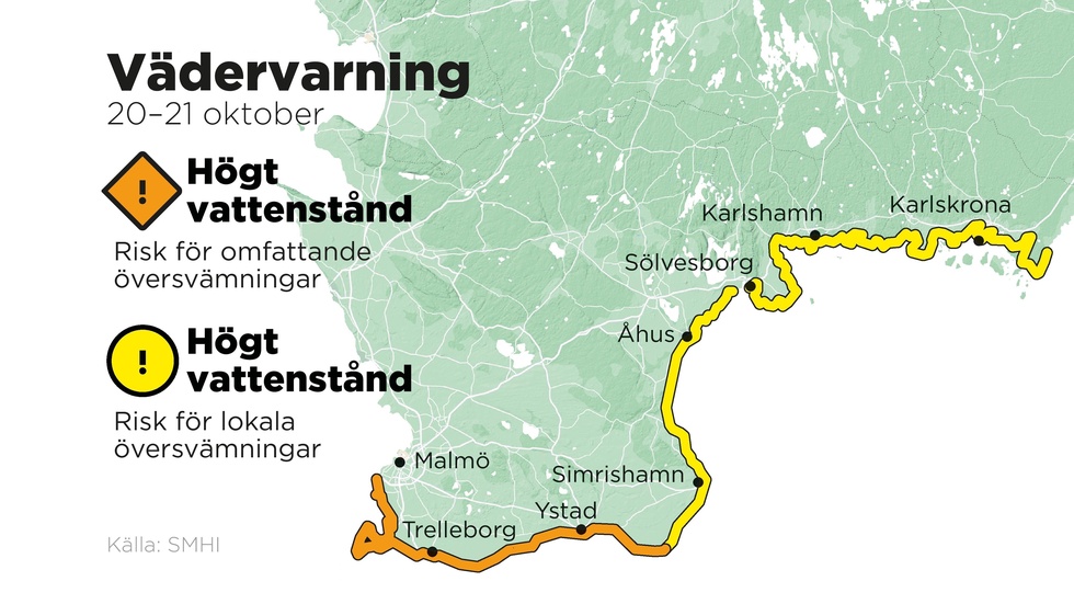 SMHI varnar för högt vattenstånd längs Skånes sydkust.