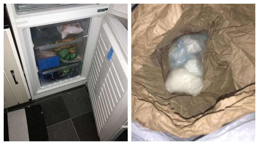 Vid en husrannsakan i en bostad i Kinda kommun hittade polisen närmare 370 gram amfetamin. Narkotikan låg gömd i frysen. (Bilderna är hämtade ur förundersökningen.)