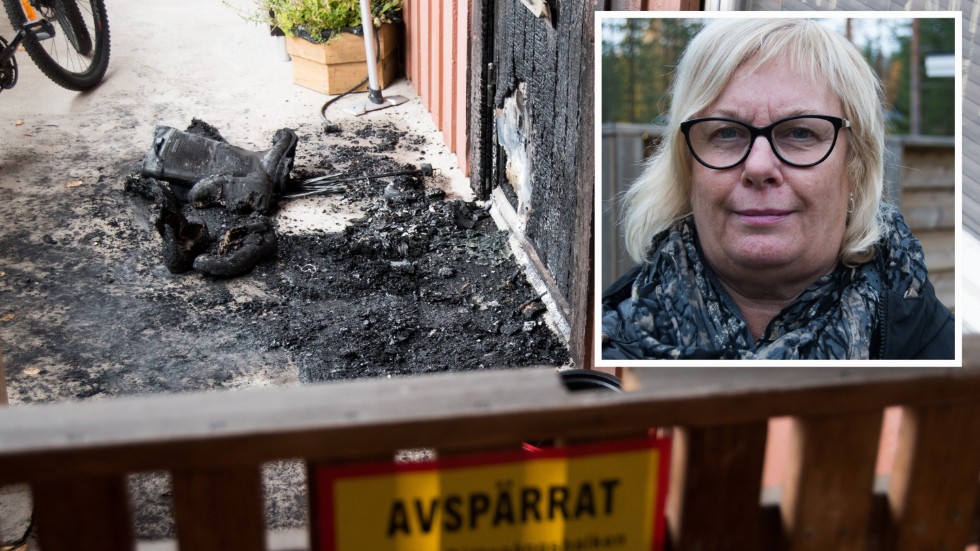 Branden i ytterdörren till lägenheten i ett flerfamiljshus på Porsön misstänks vara anlagd. “Min man bankade på och väckte dem”, berättar hon.