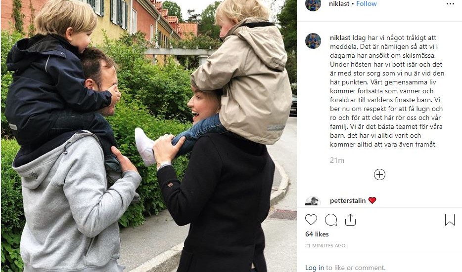 Siriusspelaren Niklas Busch Thor meddelar på sin Instagram att paret kommer att fortsätta vara vänner även efter skilsmässan.