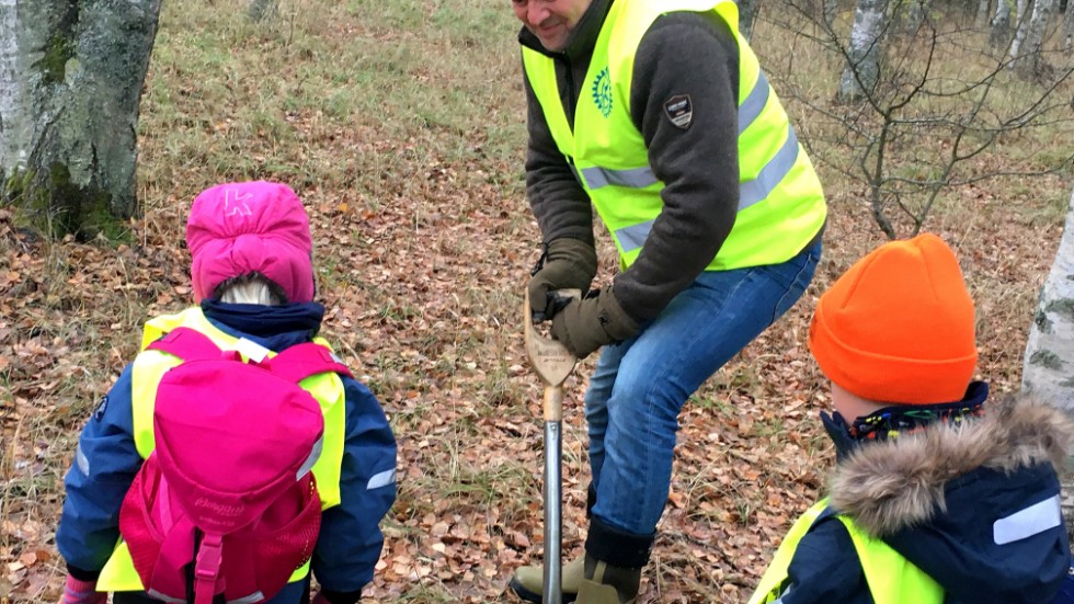 Bengt Wittgren, president i Knivsta Rotaryklubb, hjälper några skolelever att plantera lökar av kungsängslilja vid Knivstaån. Projektet startade i samråd med kommunen för fem år sedan.