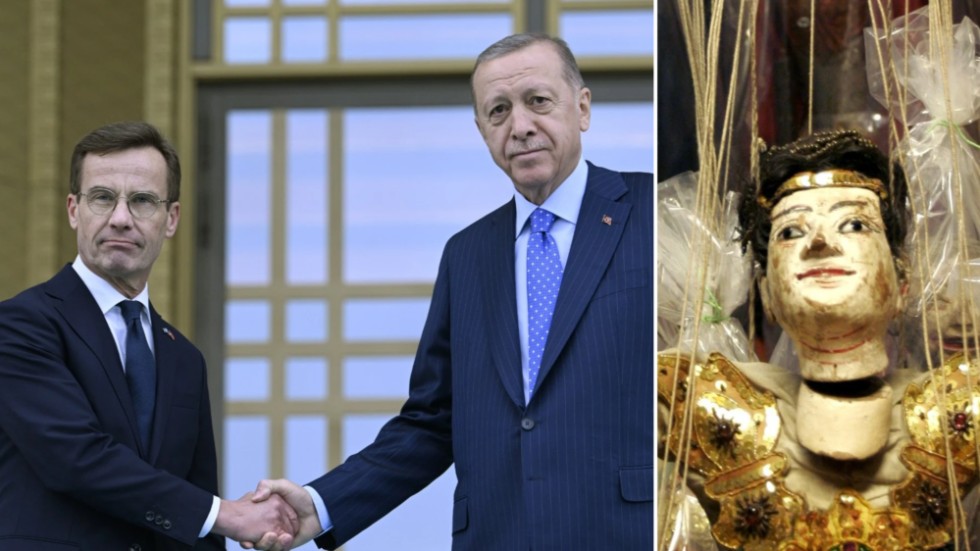 "Statsministern jämför Erdogan med en docka upphängd i snören, en marionett eller buktalardocka. Vem håller i trådarna?", undrar Arne Grip.