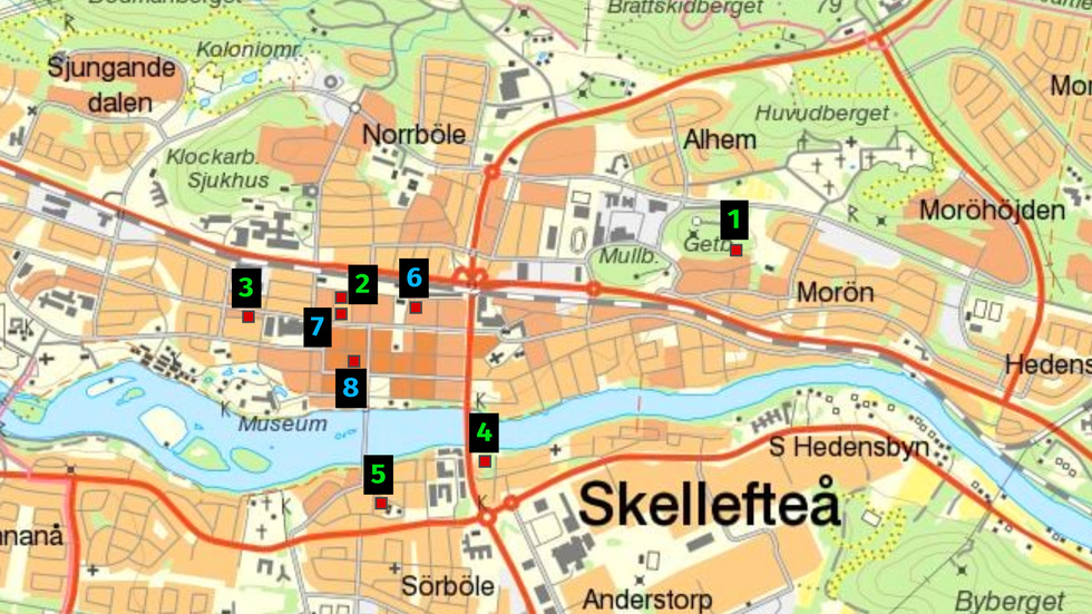 Skellefteå's upcoming apartments for sale. The green numbers are currently under construction, while the blue ones are in various stages of planning.