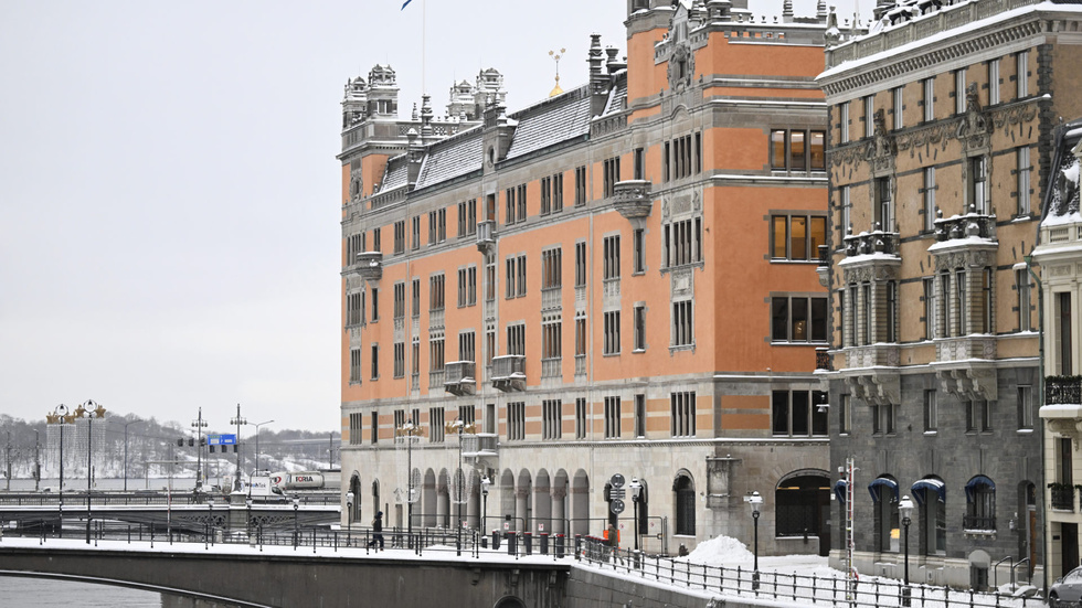 Regeringskansliet Rosenbad i ett snöigt Stockholm.