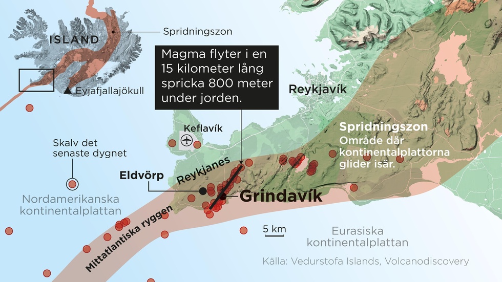 Magma flyter i en 15 kilometer lång spricka 800 meter under jorden i utkanten av kustsamhället Grindavík.