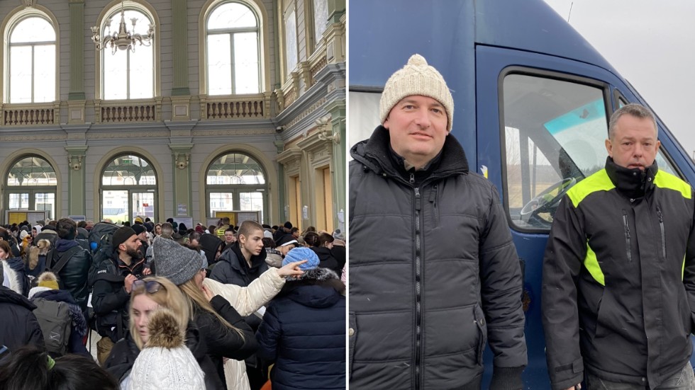 På stationen i Przemysl (till vänster). Kenny och Ryszard från Vimmerby fortsätter sin hjälpinsats. Under onsdagen hjälpte de till att köra flyktingar från gränsen. 
