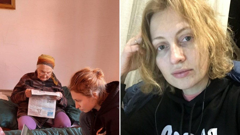 Tillsammans med fem andra kvinnliga familjemedlemmar i åldrarna 20 till 86 år bor Natasha Dmytrenko i ett rum på ett hostel i västra Ukraina. Till vänster syns Natasha och mormodern. Till höger Natasha Dmytrenko. 