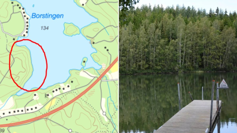 Det är området på västra sidan av sjön Borstingen som är aktuellt för exploatering. Det ligger lite snett vänster ut sett från bryggan vid badplatsen och bastuanläggningen.