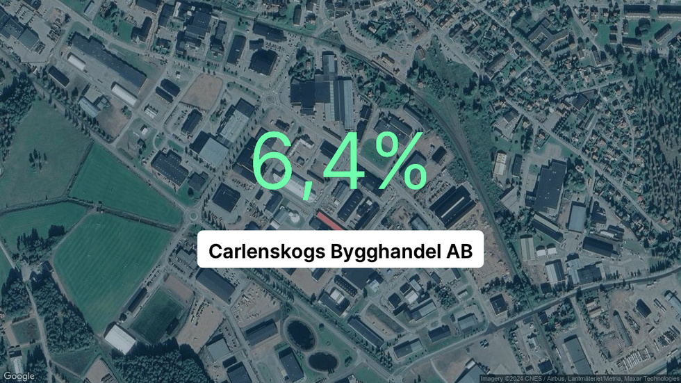 Illustrationen visar rörelsemarginalen för Carlenskogs Bygghandel för det senaste året. Bakgrunden är en satellitbild över företagets adress.