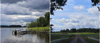 Vitgrå himmel och tätt regnfall över Enköping