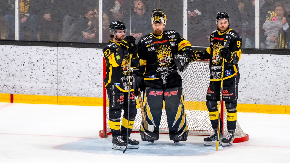 Målvakten Robin Christoffersson har tillsammans med backarna William Alftberg och William Dageryd lagt grunden till Vimmerby Hockeys starka försvar.