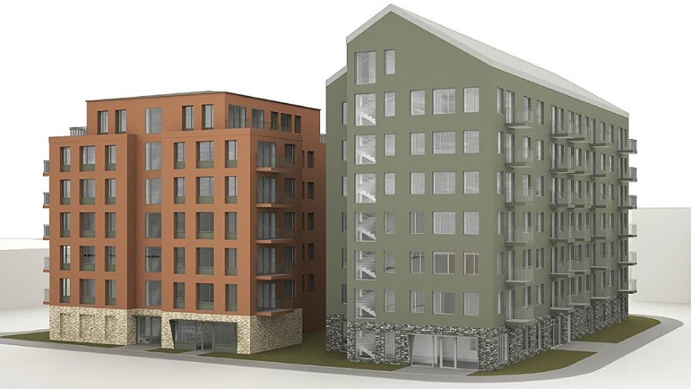 Så ser skissen på byggnationen i kvarteret kiosken ut som Aptare Fastigheter AB presenterat för Vimmerby kommun.