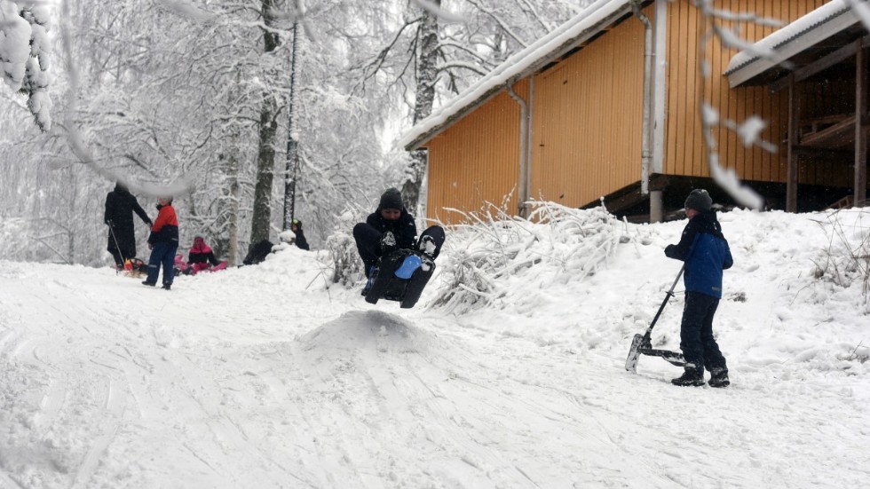 I VOK-backen åks det på såväl pulka, snowracer, mattor som brädor. Vintervädret har ökat efterfrågan på åkdon i Vimmerby markant.