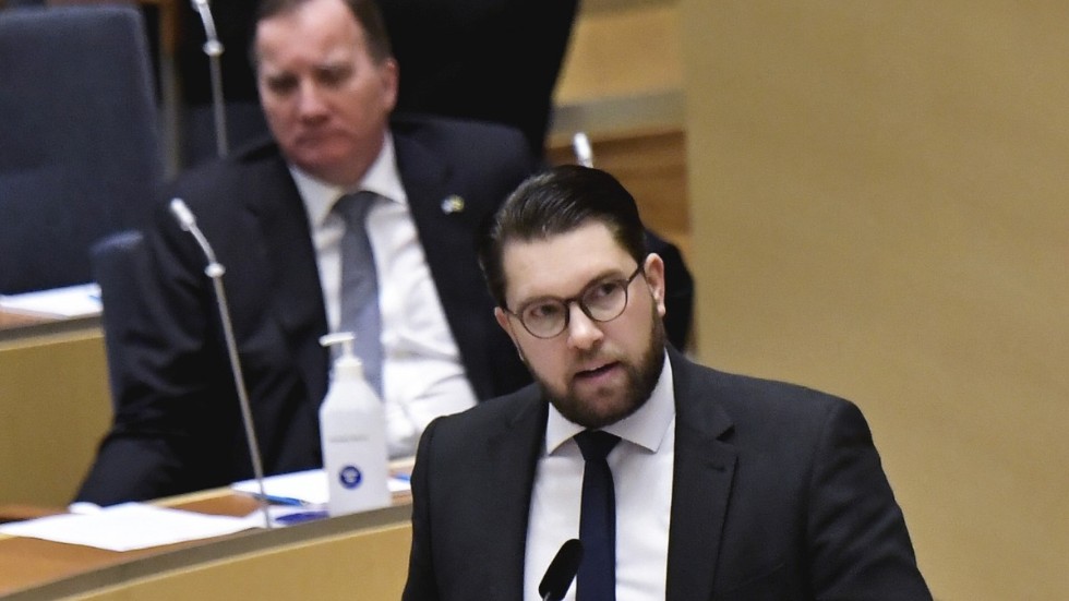 Sverigedemokraternas partiledare Jimmie Åkesson (SD) under dagens partiledardebatt i riksdagen.Foto: Janerik Henriksson / TT