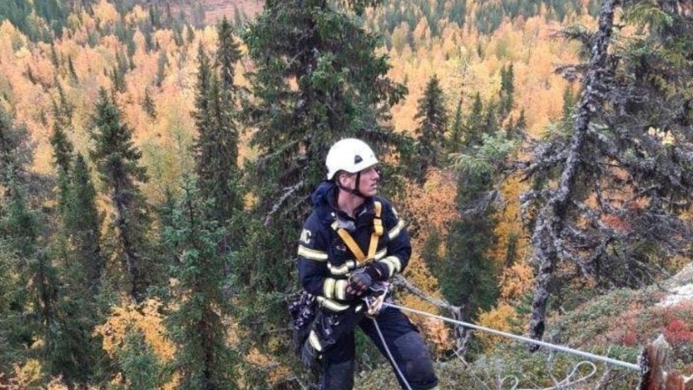 En klättrare räddade hunden, som fastnat på en klippavsats framför ett stup på cirka 25 meter.