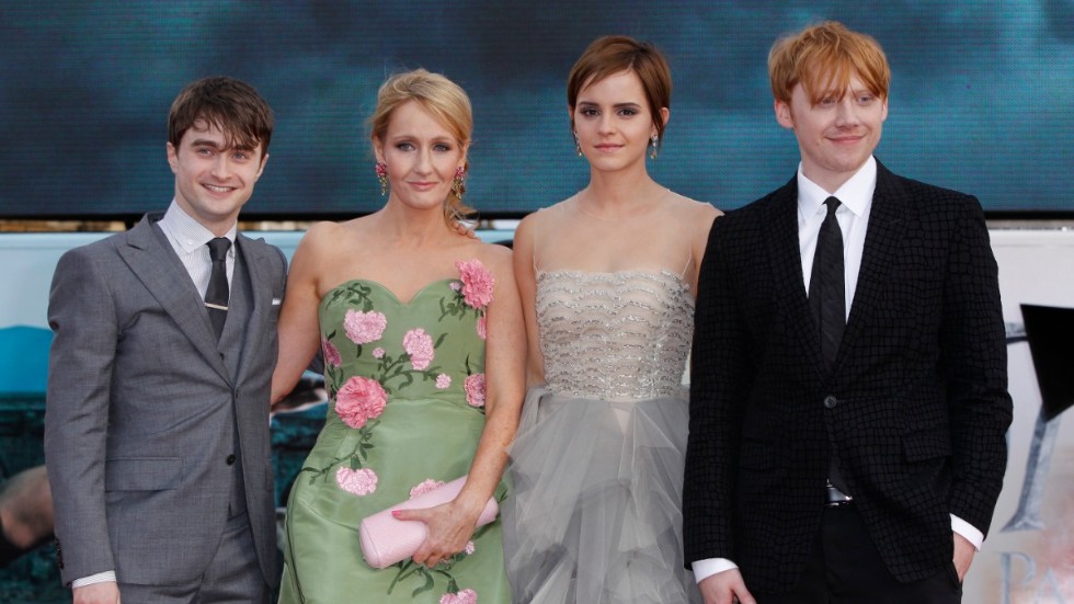 Harry Potters upphovskvinna JK Rowling flankeras av skådespelarna Daniel Radcliffe, Emma Watson och Rupert Grint. Arkivbild.