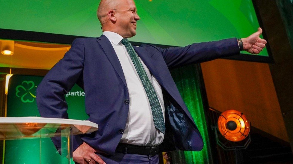 Partiledaren Trygve Slagsvold Vedum under Senterpartiets valvaka.