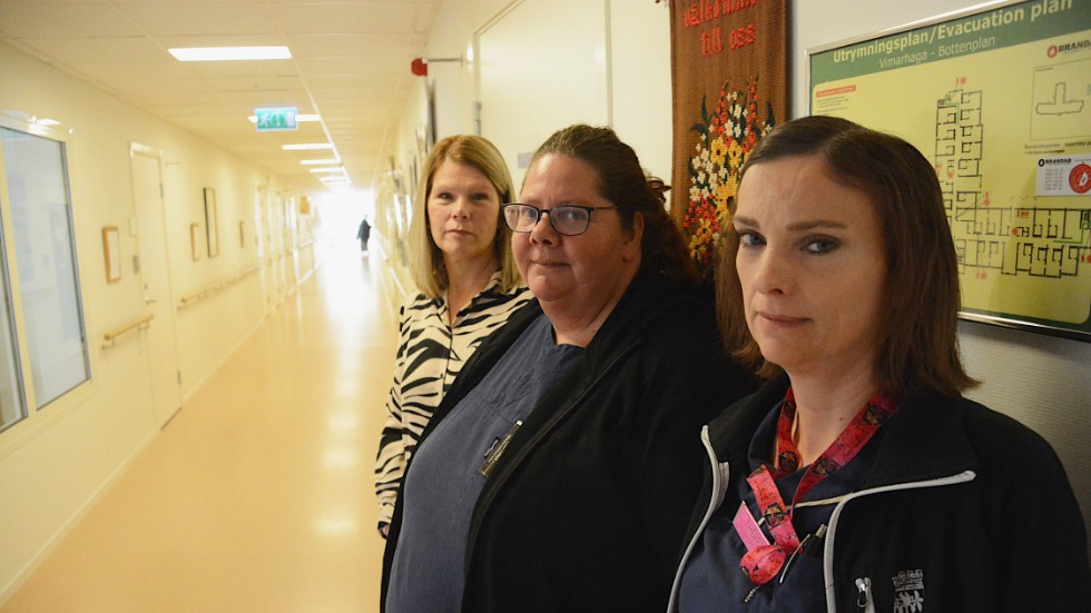 Fr.v. Linda Gustafsson, Carina Lind och Therese Nilsson. Tre undersköterskor som alla hoppat på heltidsresan i Vimmerby kommun. Men en av dem valde att gå ner på deltid igen efter ett år.