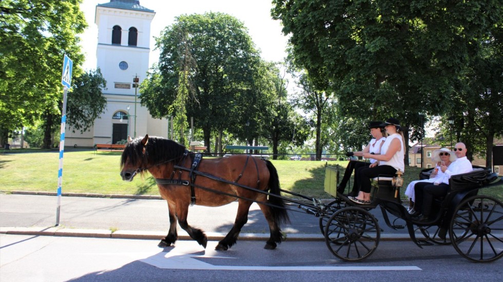 Johanna Blom Petersson och Malin Olsson kör stoet Fiona. I bröllopsvagnen sitter Tord och Pernilla Petersson. När turister kan få åka med används en annan vagn.