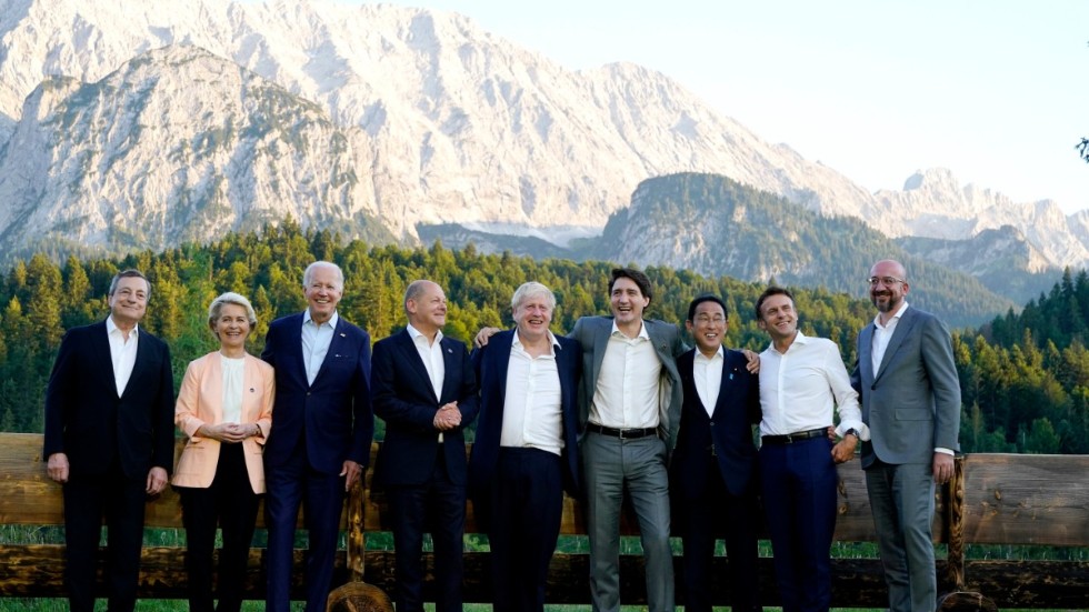 G7-mötet i tyska Bayern i juni 2022. Storbritanniens premiärminister Boris Johnson i mitten. Arkivbild.