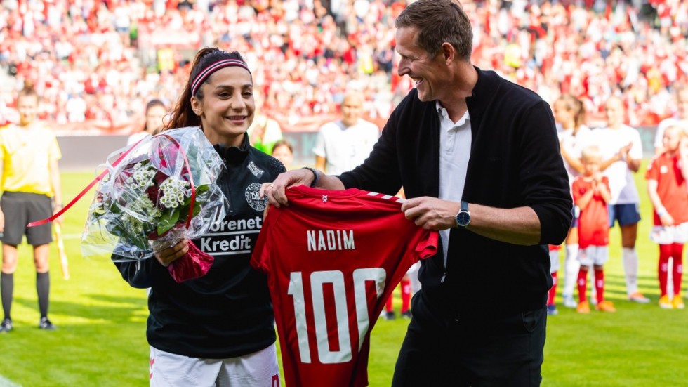 Nadia Nadim gjorde sin 100:e A-landskamp i EM-genrepet hemma mot Norge (1–2) i Viborg förra veckan.