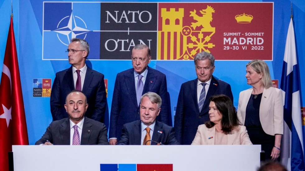 Utrikesministrarna (nedre raden) för Turkiet, Sverige och Finland ingick avtal i Madrid i veckan. Det är ett exempel på diplomatisk tvetydighet.