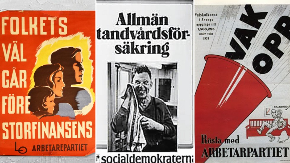 Så här såg de socialdemokratiska valaffischerna ut 1946, 1973 och 1924.